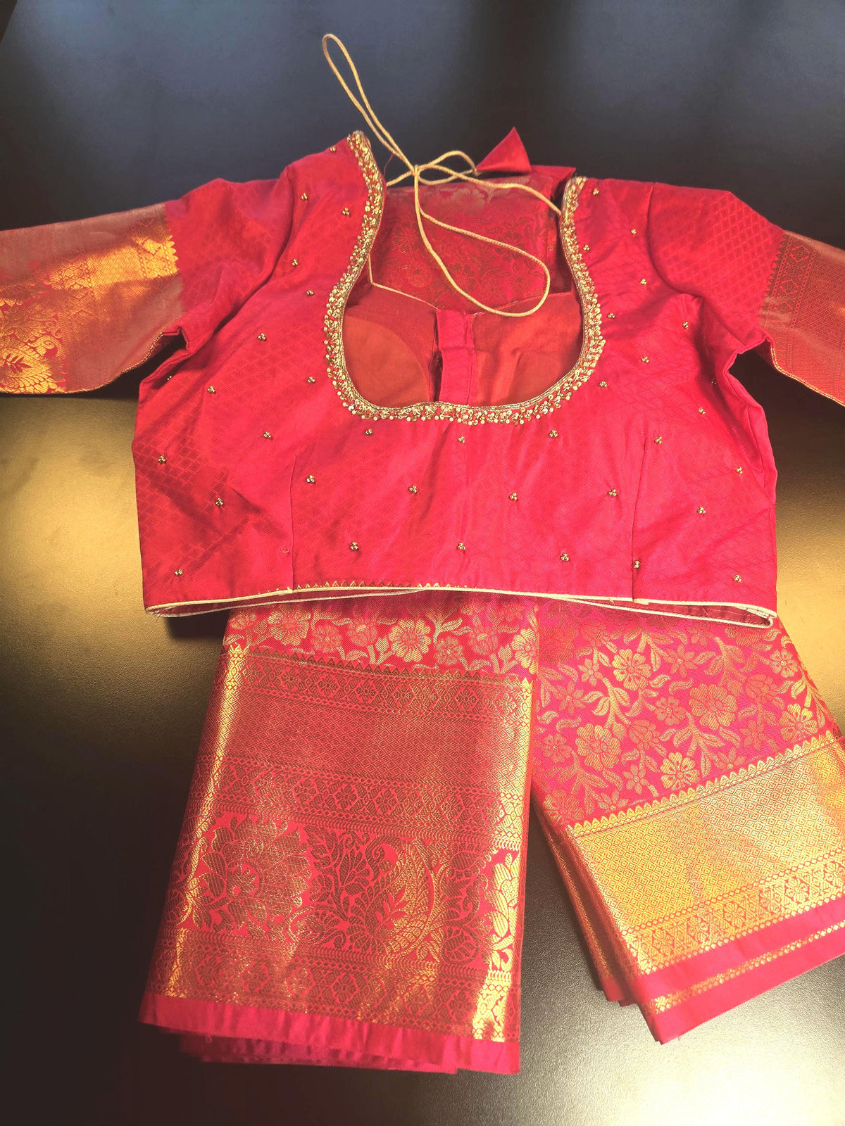 Premium Kanchivaram Semi Silk Saree with Maggam Work Blouse, Ready-to-wear, Shipping from USA