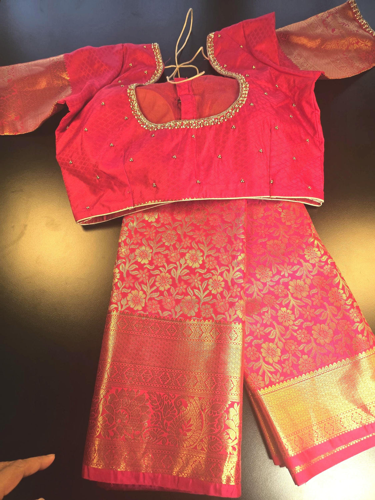 Premium Kanchivaram Semi Silk Saree with Maggam Work Blouse, Ready-to-wear, Shipping from USA
