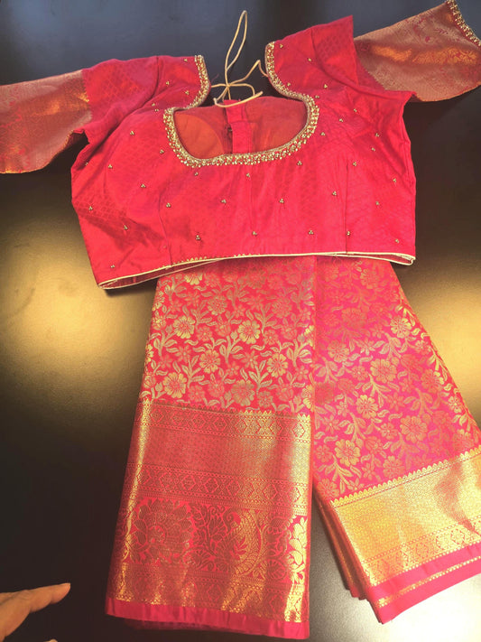 Premium Kanchivaram Semi Silk Saree with Maggam Work Blouse, Ready-to-wear, Shipping from USA