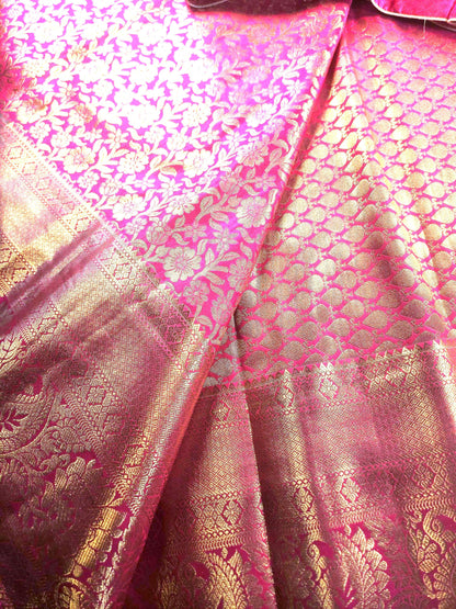 Premium Kanchivaram Semi Silk Saree with Maggam Work Blouse, Ready-to-wear, Shipping from USA