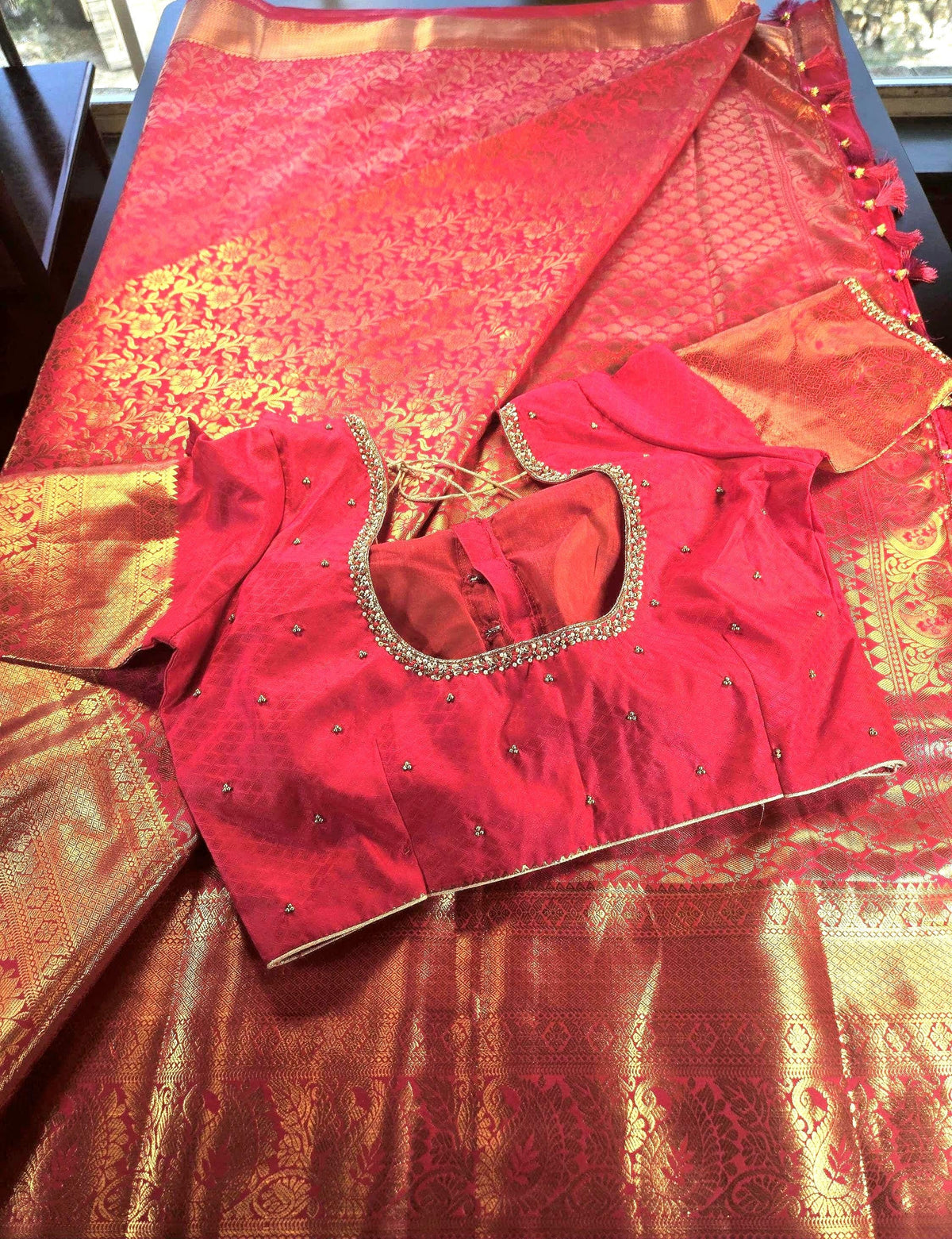 Premium Kanchivaram Semi Silk Saree with Maggam Work Blouse, Ready-to-wear, Shipping from USA