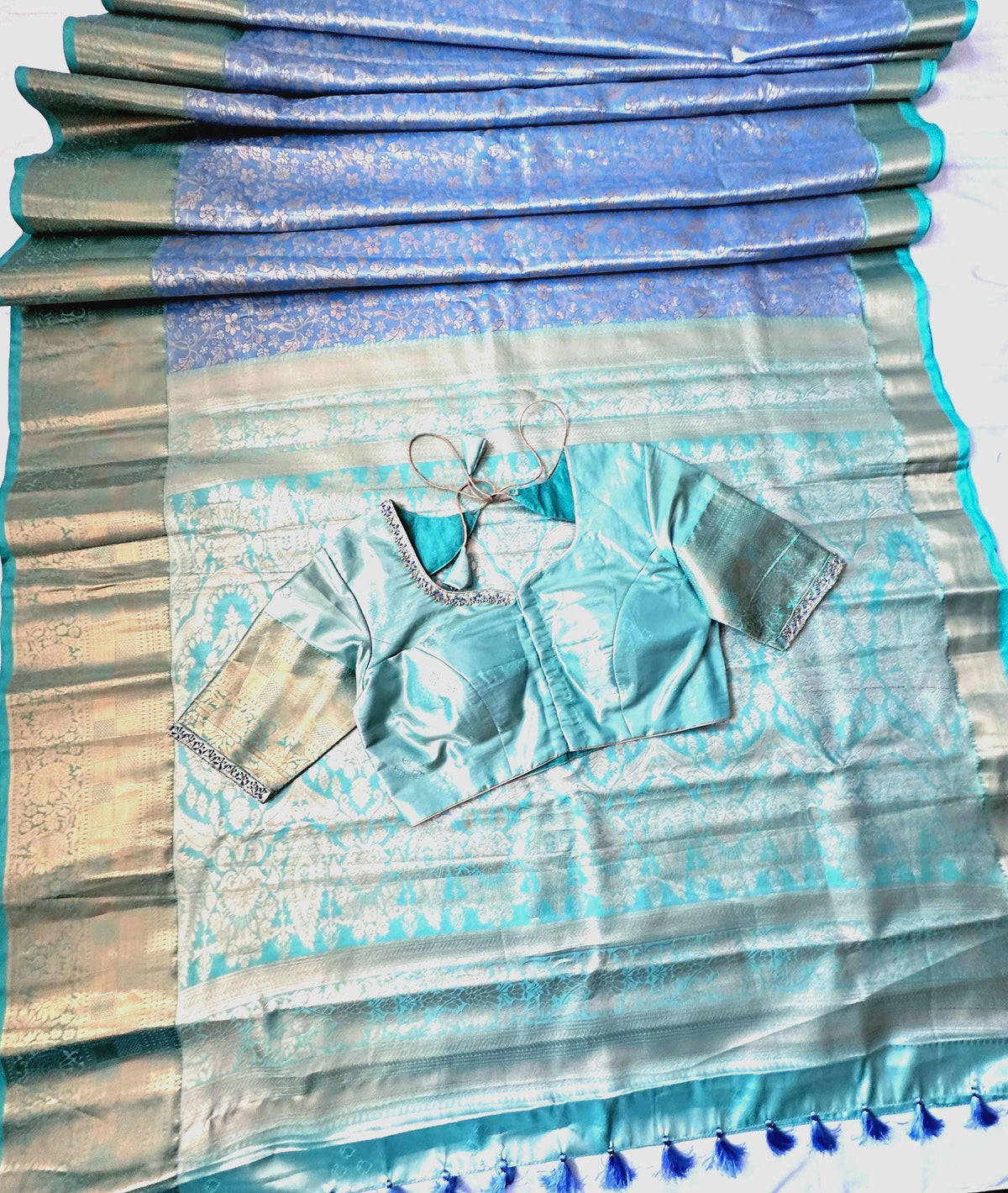 Kanjivaram Semi Silk Saree with Stitched Maggam Work Blouse Indian Wedding Saree | Ships From USA