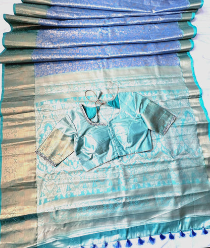 Kanjivaram Semi Silk Saree with Stitched Maggam Work Blouse Indian Wedding Saree | Ships From USA