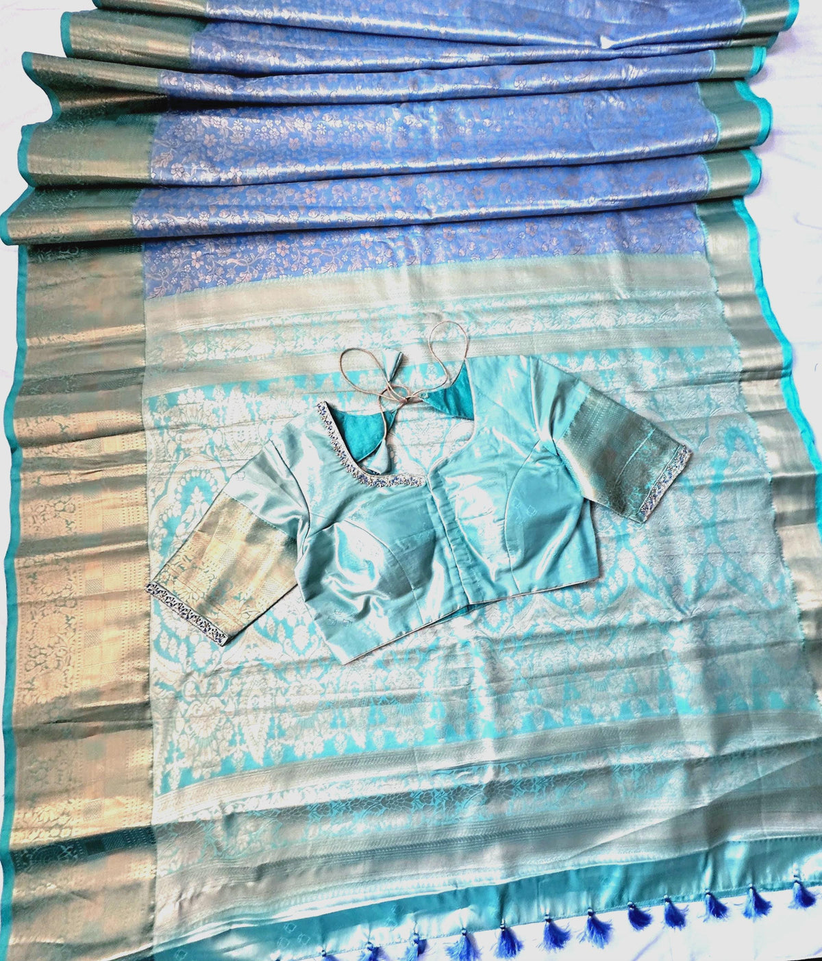 Kanjivaram Semi Silk Saree with Stitched Maggam Work Blouse Indian Wedding Saree | Ships From USA