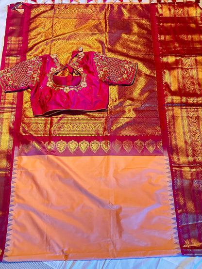 Premium Gadwal Saree with Heavy Maggam Work Blouse Ready-to-wear, Shipping from USA