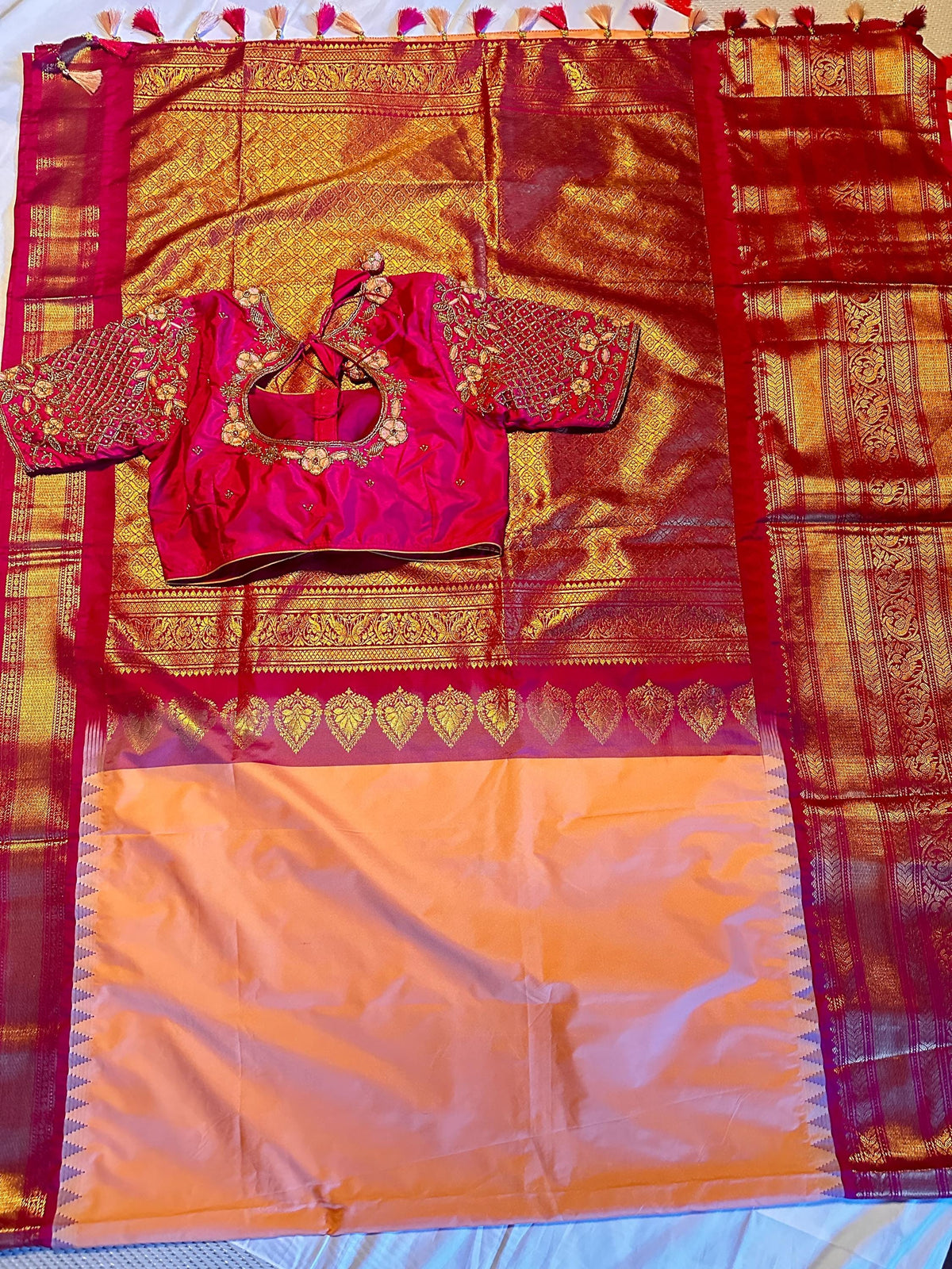 Premium Gadwal Saree with Heavy Maggam Work Blouse Ready-to-wear, Shipping from USA