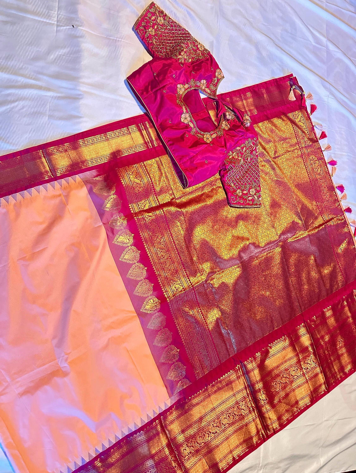 Premium Gadwal Saree with Heavy Maggam Work Blouse Ready-to-wear, Shipping from USA