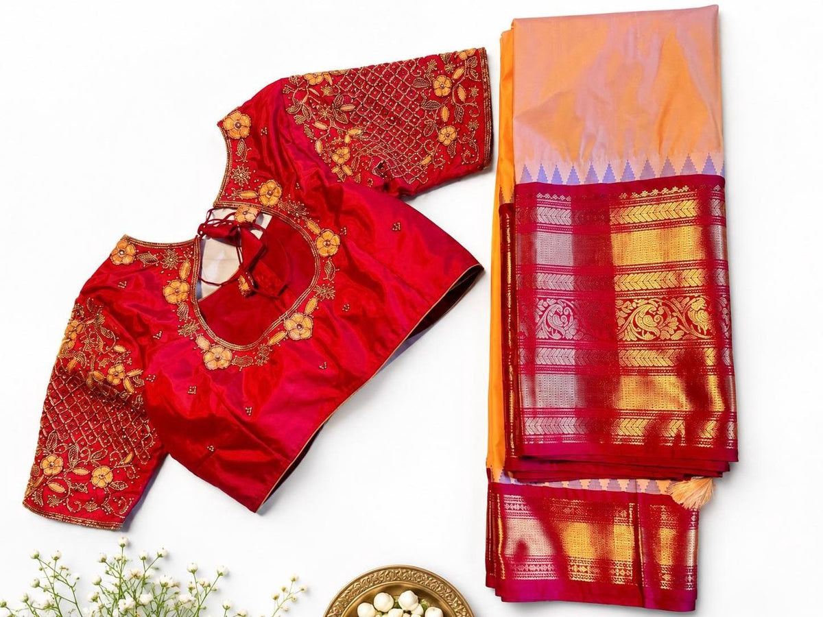Premium Gadwal Saree with Heavy Maggam Work Blouse Ready-to-wear, Shipping from USA