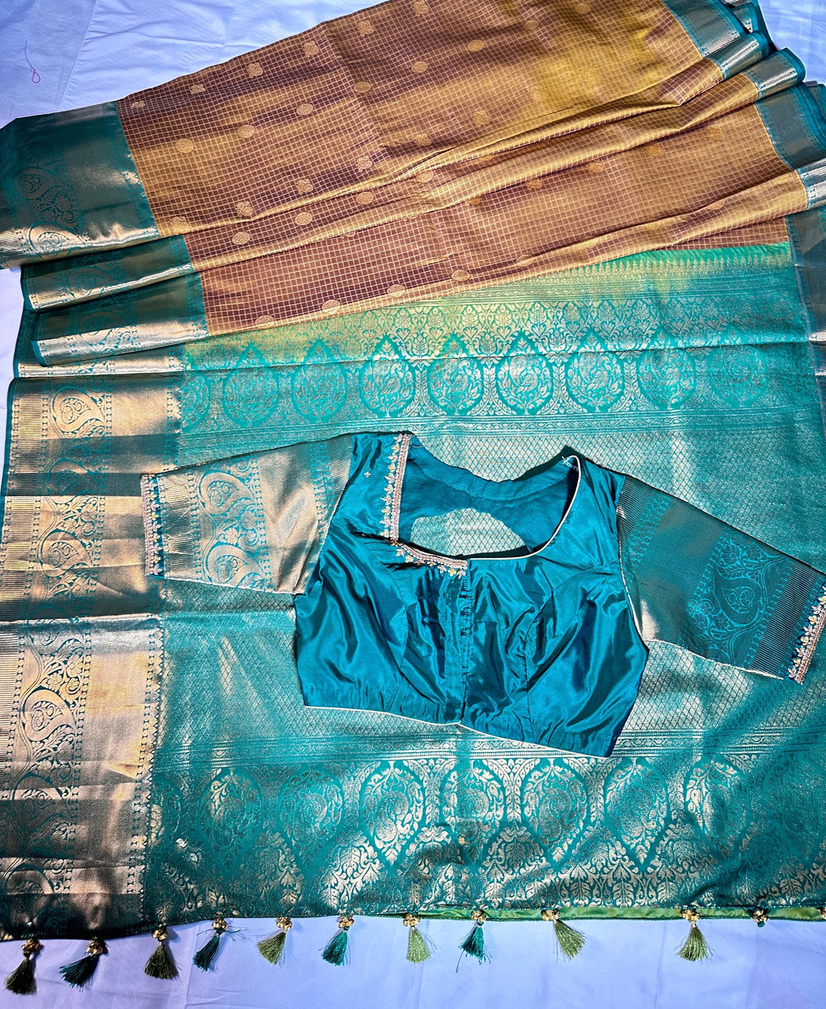 Kanjivaram Semi Silk Saree with Stitched Blouse, Ready to Wear Wedding Party Saree, Traditional Indian Saree, Ships from USA