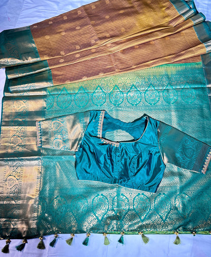 Kanjivaram Semi Silk Saree with Stitched Blouse, Ready to Wear Wedding Party Saree, Traditional Indian Saree, Ships from USA