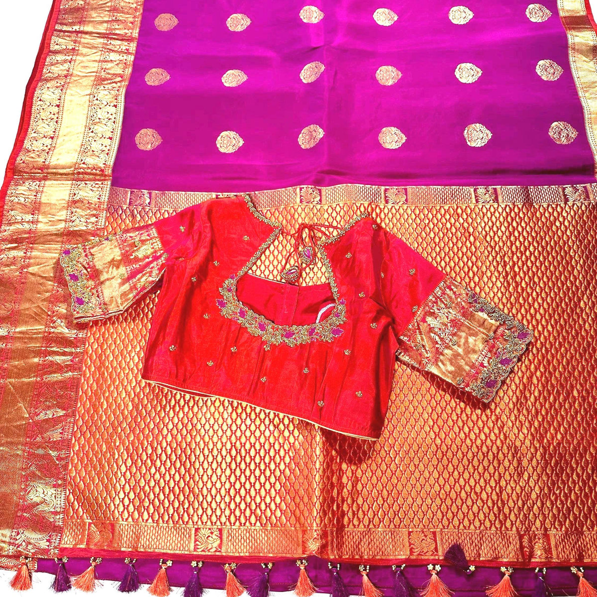 Handloom Kanjivaram Pure Silk Saree with Stitched Blouse | Wedding Saree With Stitched Maggam Work Blouse | Indian Party Wear Saree