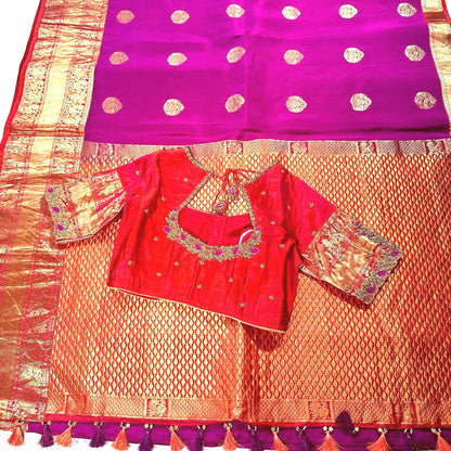 Handloom Kanjivaram Pure Silk Saree with Stitched Blouse | Wedding Saree With Stitched Maggam Work Blouse | Indian Party Wear Saree