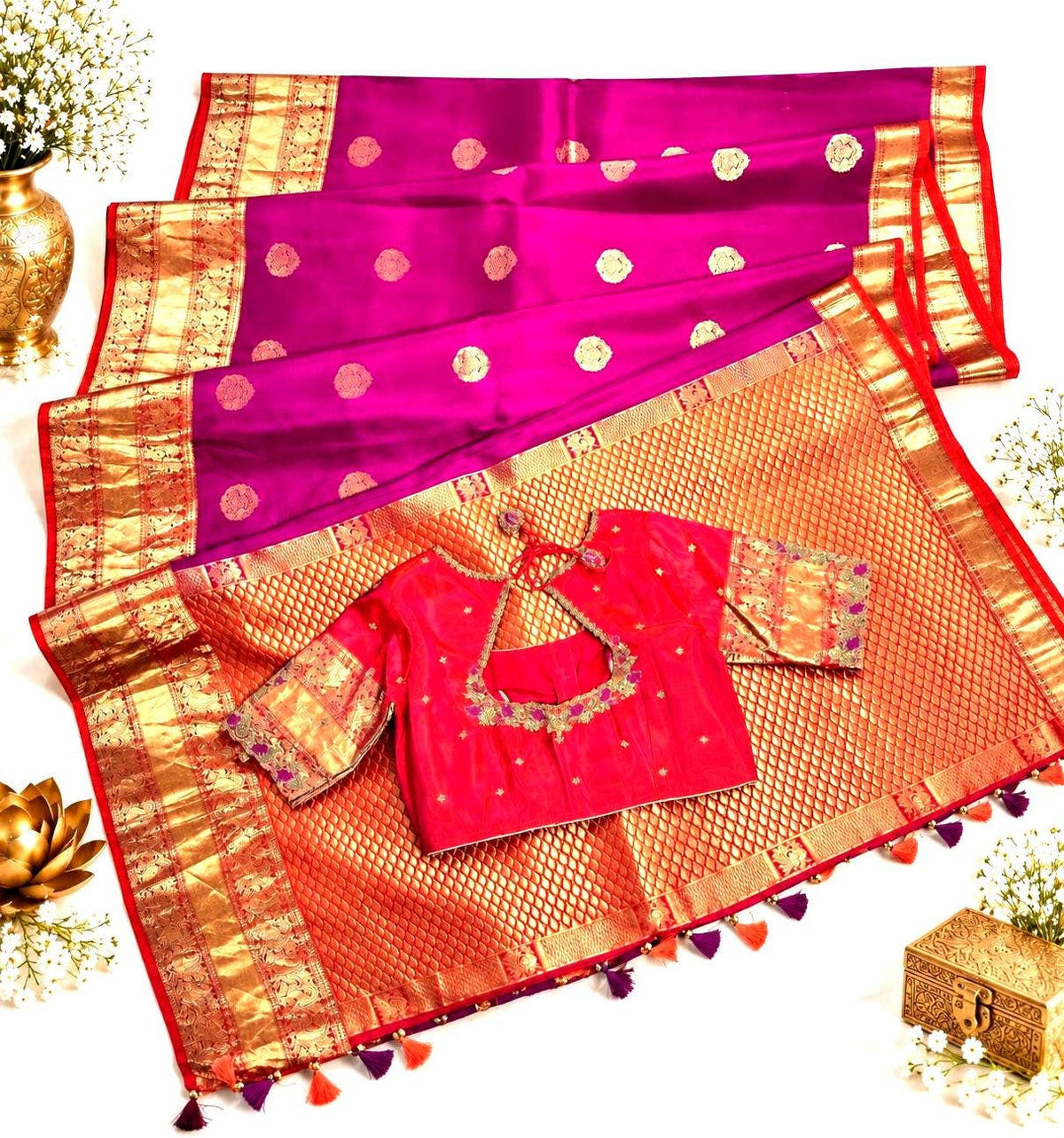 Handloom Kanjivaram Pure Silk Saree with Stitched Blouse | Wedding Saree With Stitched Maggam Work Blouse | Indian Party Wear Saree