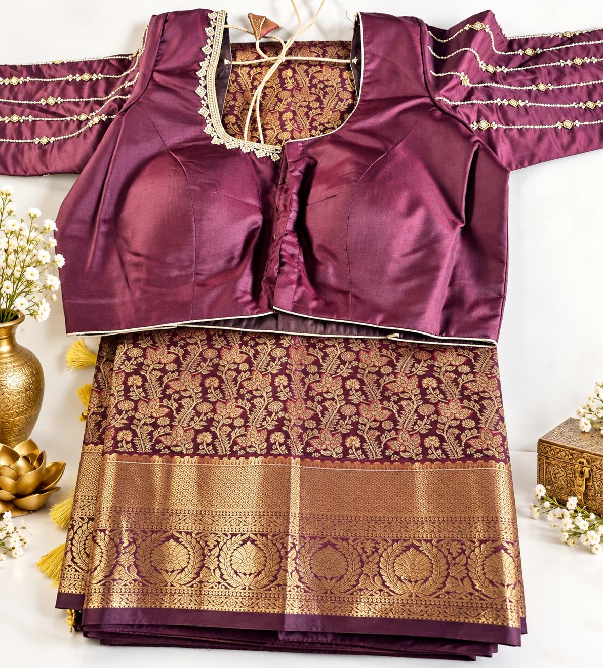 Kanchivaram Premium Semi Silk Saree with Maggam Work Blouse Ready-to-wear, Shipping from USA