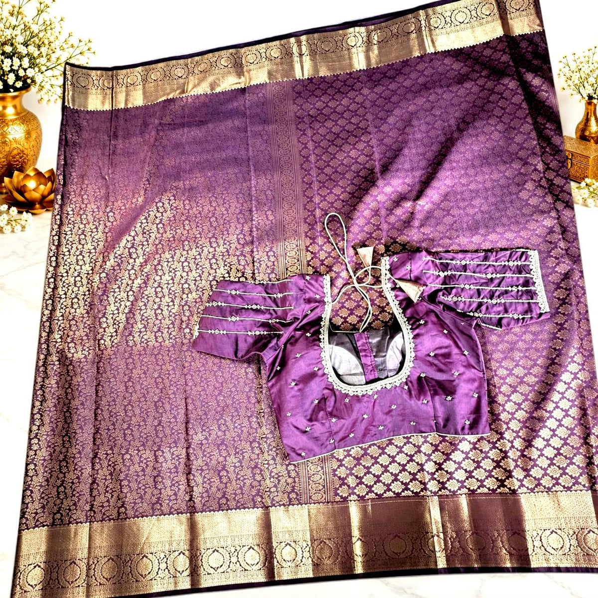 Kanchivaram Premium Semi Silk Saree with Maggam Work Blouse Ready-to-wear, Shipping from USA