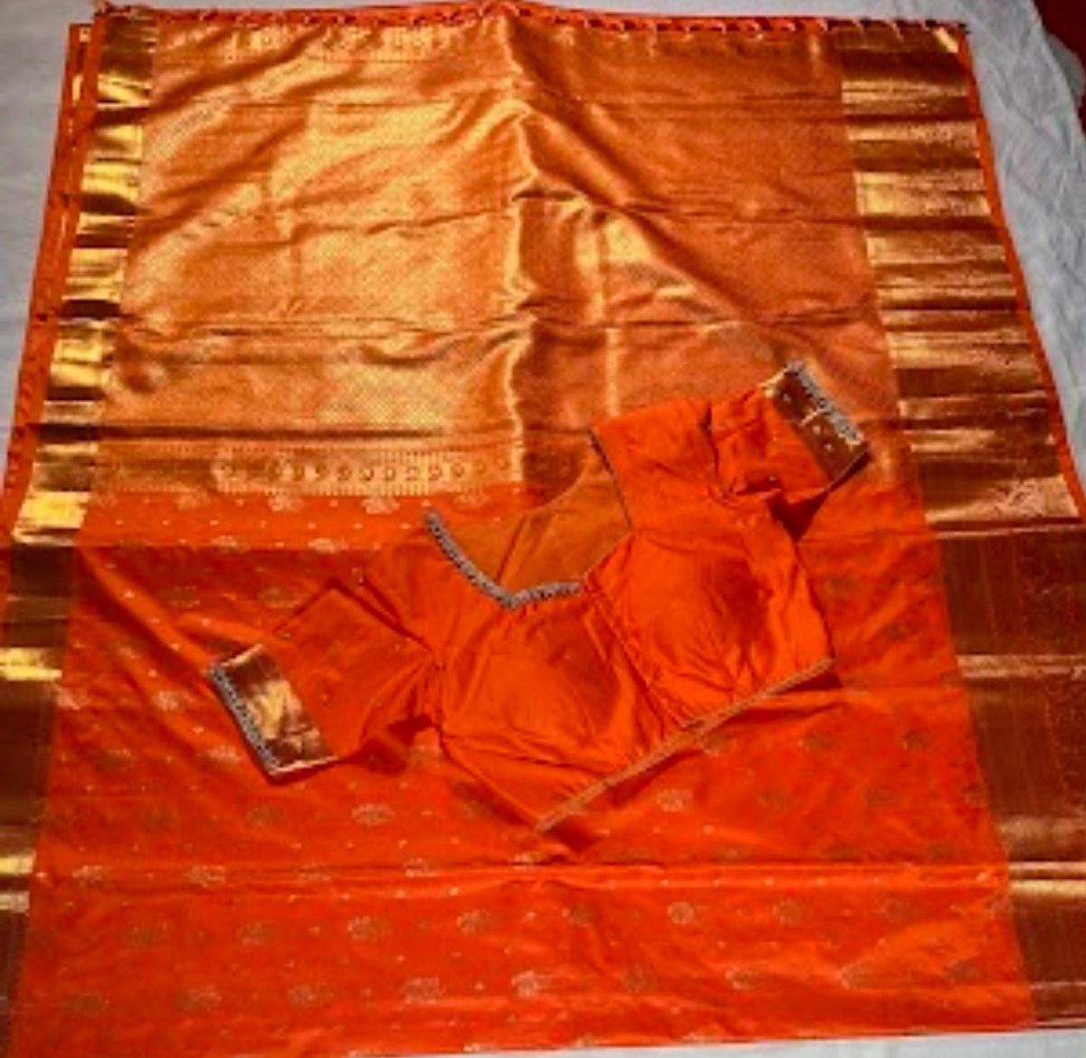 Kanjivaram Premium Semi Silk Saree with Stitched Maggam Work Blouse | Indian Wedding Orange Saree | Ships From USA