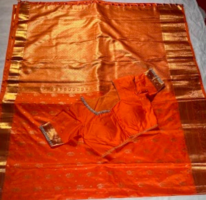 Kanjivaram Premium Semi Silk Saree with Stitched Maggam Work Blouse | Indian Wedding Orange Saree | Ships From USA