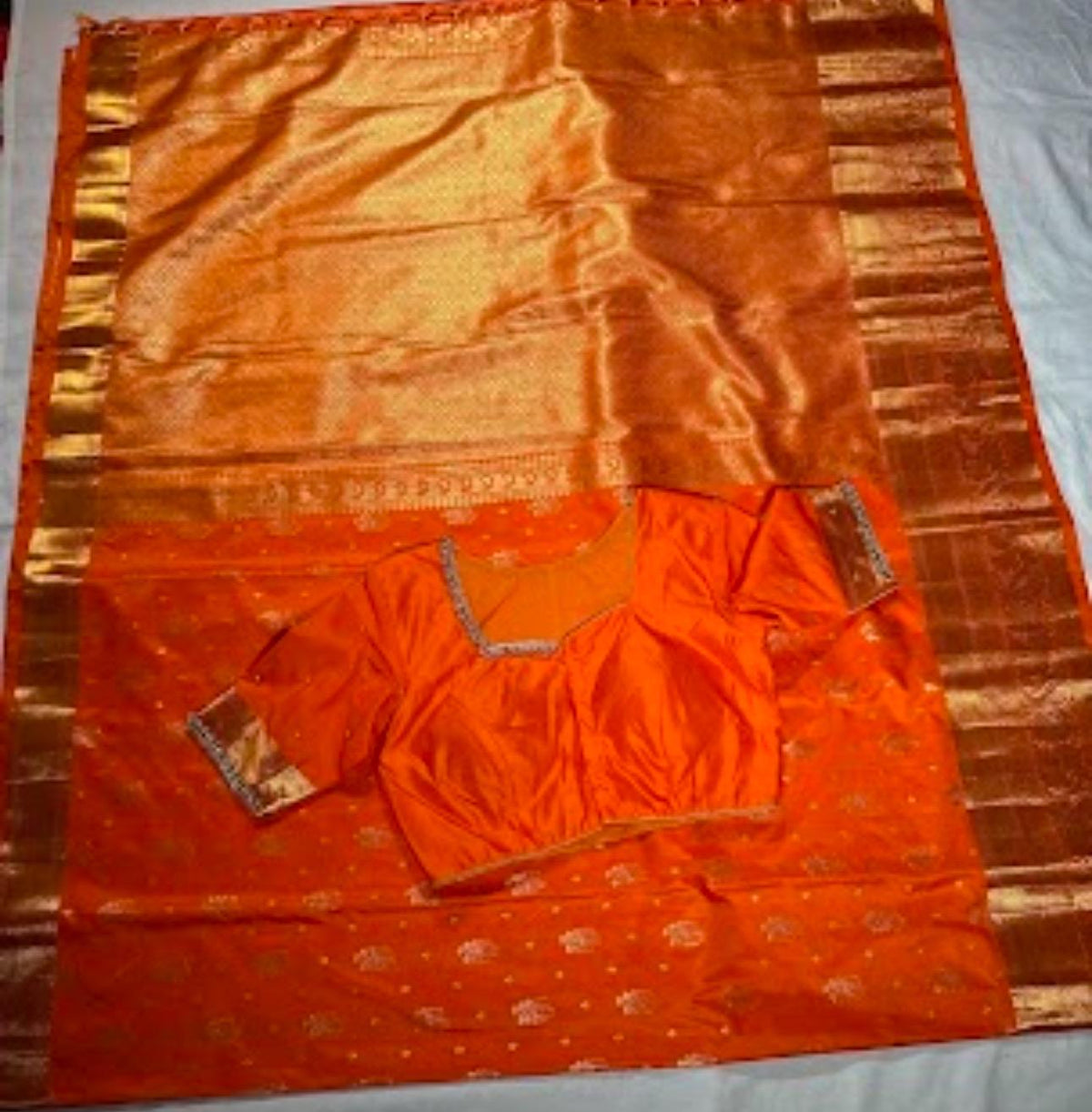 Kanjivaram Premium Semi Silk Saree with Stitched Maggam Work Blouse | Indian Wedding Orange Saree | Ships From USA