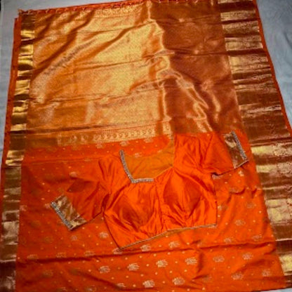 Kanjivaram Premium Semi Silk Saree with Stitched Maggam Work Blouse | Indian Wedding Orange Saree | Ships From USA