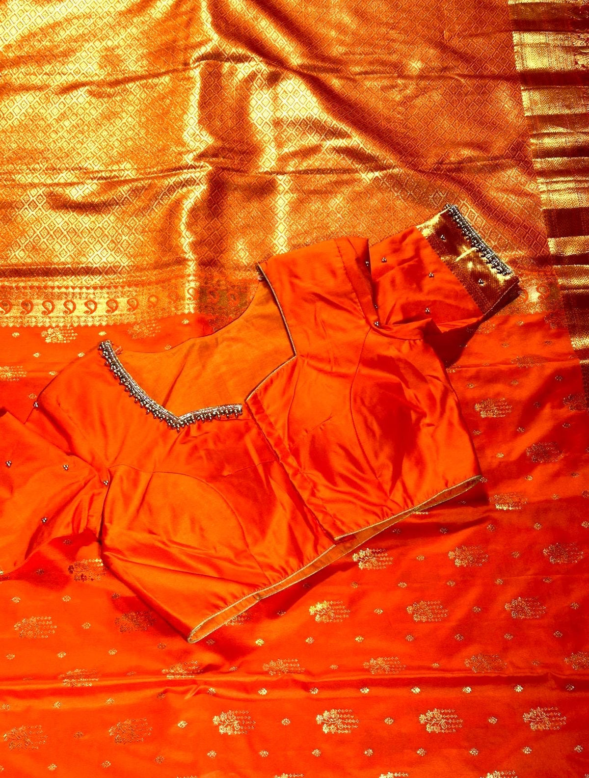 Kanjivaram Premium Semi Silk Saree with Stitched Maggam Work Blouse | Indian Wedding Orange Saree | Ships From USA