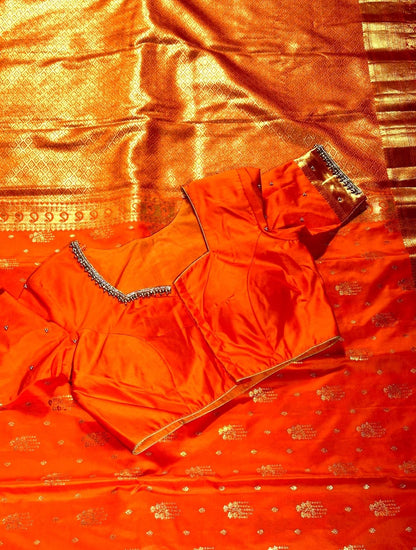 Kanjivaram Premium Semi Silk Saree with Stitched Maggam Work Blouse | Indian Wedding Orange Saree | Ships From USA