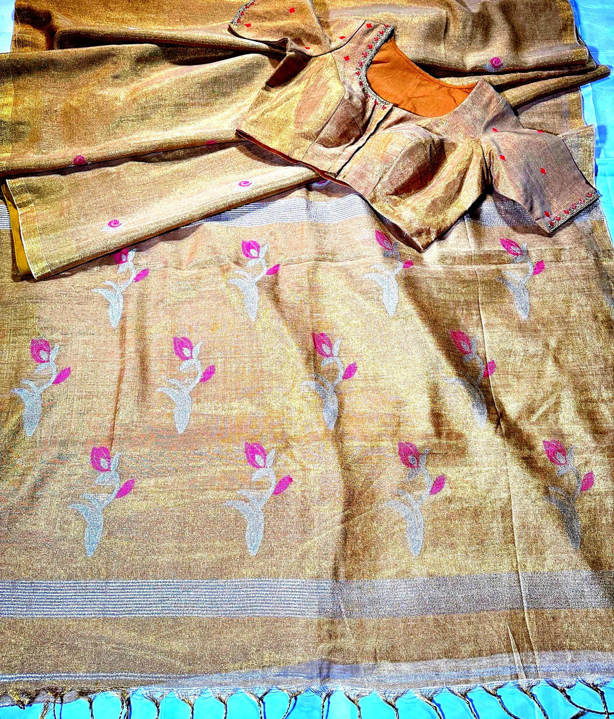Handloom Pure Tissue Jamdani Silk Saree with Stitched Embroidery Blouse, Ready to Wear Saree Partywear