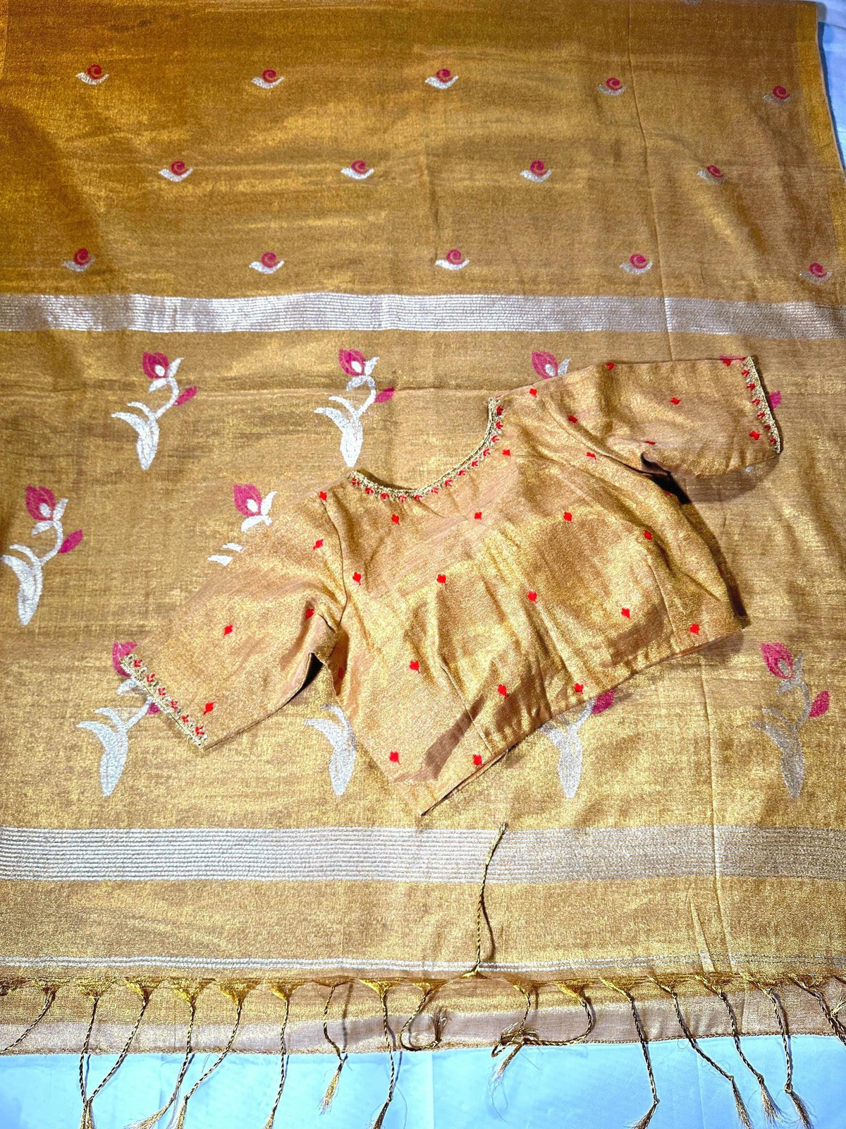 Handloom Pure Tissue Jamdani Silk Saree with Stitched Embroidery Blouse, Ready to Wear Saree Partywear