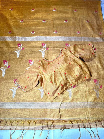 Handloom Pure Tissue Jamdani Silk Saree with Stitched Embroidery Blouse, Ready to Wear Saree Partywear