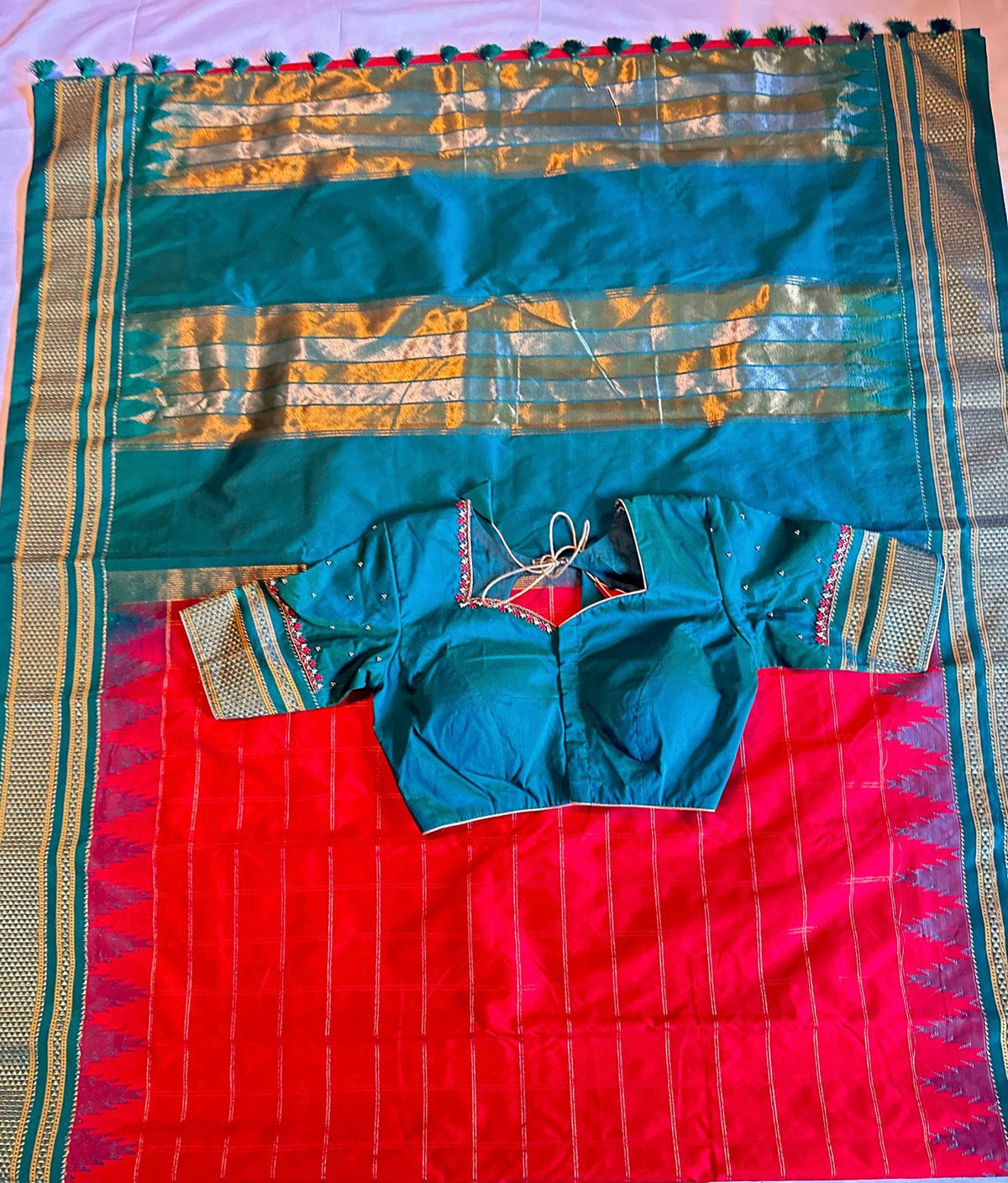Semi Narayanpet Silk Saree with Stitched Maggam  Blouse, Traditional Indian Saree, Wedding Party Wear, Ready to Wear Blouse, Ships from USA