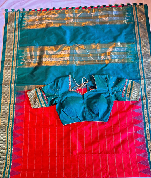 Semi Narayanpet Silk Saree with Stitched Maggam  Blouse, Traditional Indian Saree, Wedding Party Wear, Ready to Wear Blouse, Ships from USA