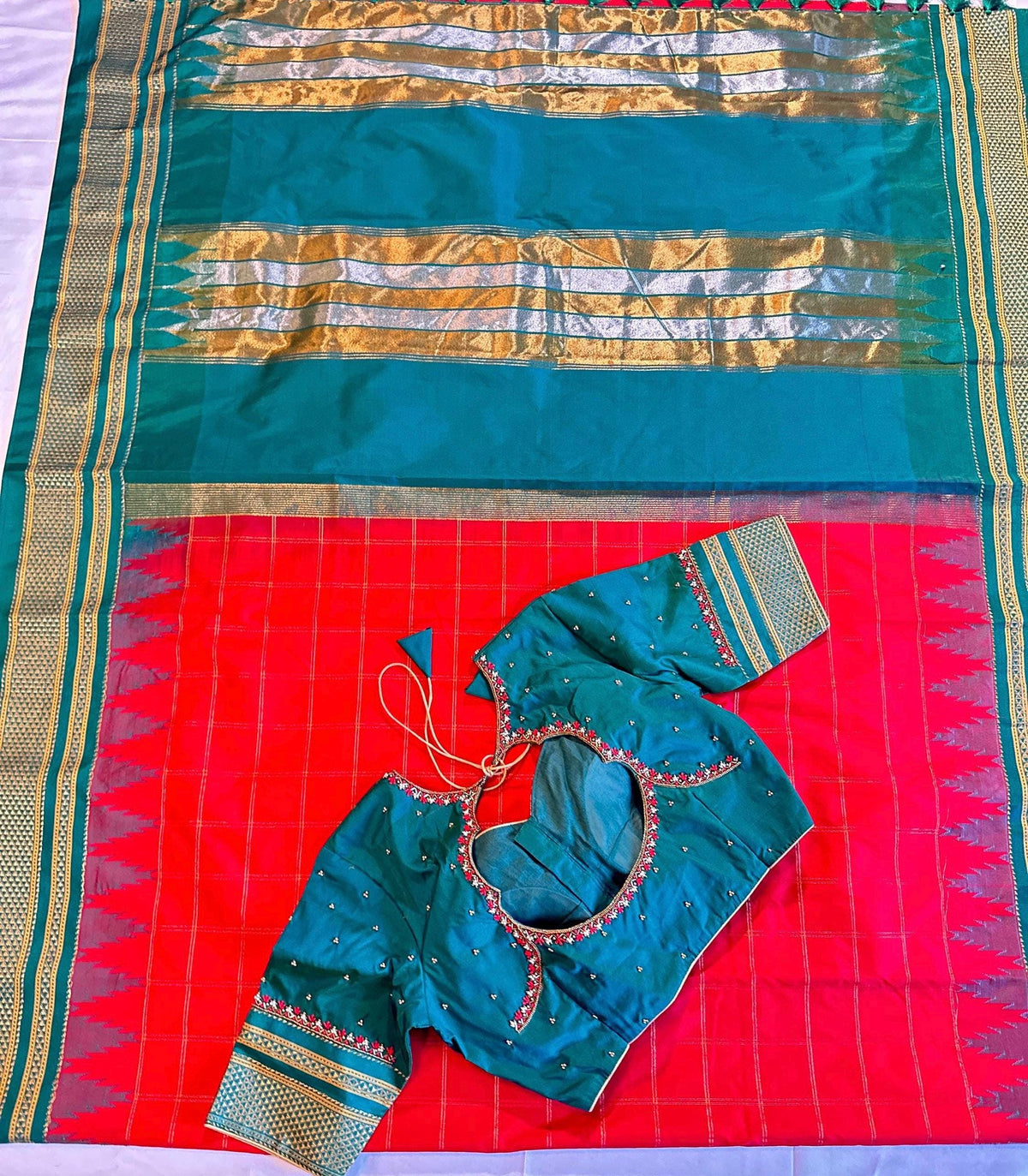 Semi Narayanpet Silk Saree with Stitched Maggam  Blouse, Traditional Indian Saree, Wedding Party Wear, Ready to Wear Blouse, Ships from USA