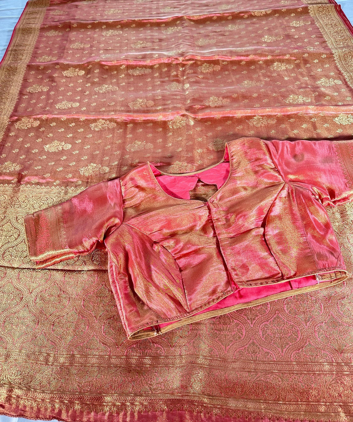 Banarasi Tissue Crape Silk Saree USA | Party Wear Wedding Silk Saree with Blouse  | Stitched Blouse | Shade of pink