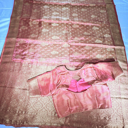 Banarasi Tissue Crape Silk Saree USA | Party Wear Wedding Silk Saree with Blouse  | Stitched Blouse | Shade of pink