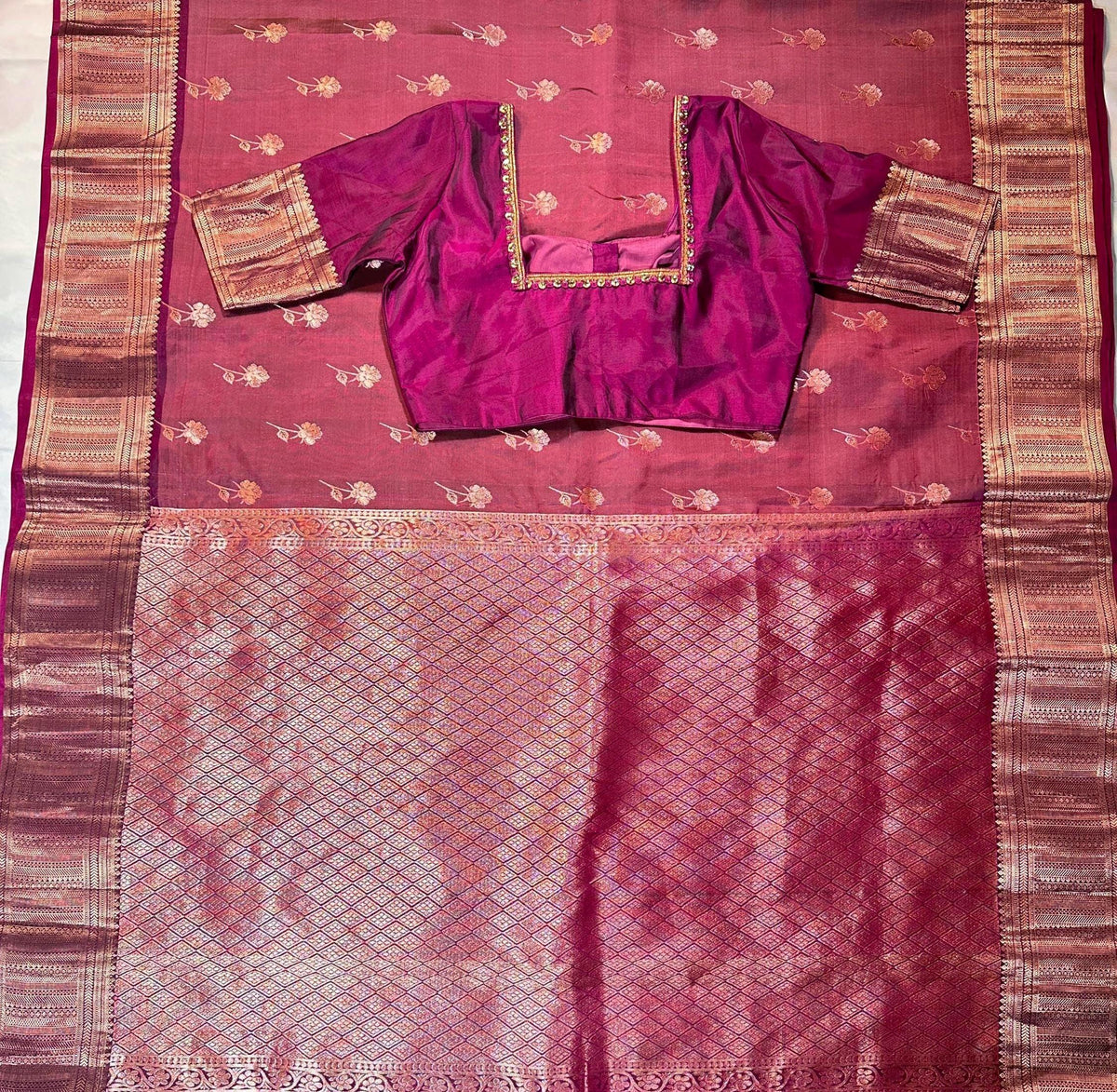 Handloom Kanjivaram Silk Saree with Stitched Blouse | Wedding Saree with Stitched Blouse | Indian Party Wear Saree