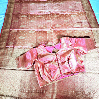 Banarasi Tissue Crape Silk Saree USA | Party Wear Wedding Silk Saree with Blouse  | Stitched Blouse | Shade of pink