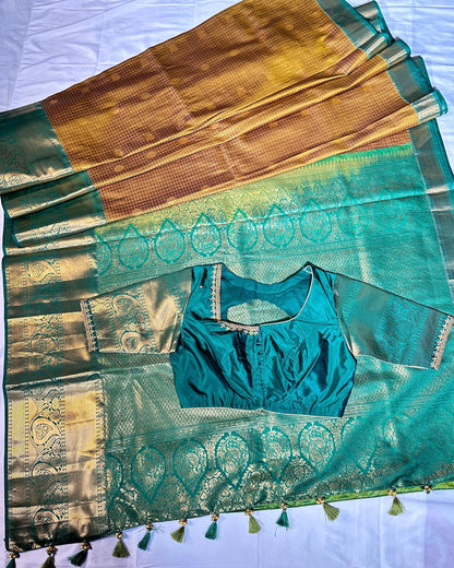 Kanjivaram Semi Silk Saree with Stitched Blouse, Ready to Wear Wedding Party Saree, Traditional Indian Saree, Ships from USA