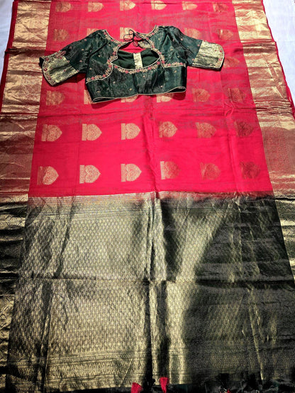 Handloom Pure Kanjivaram Red Silk Saree with Stitched Blouse | Wedding Saree With Stitched Maggam Work Blouse | Indian Party Wear Saree