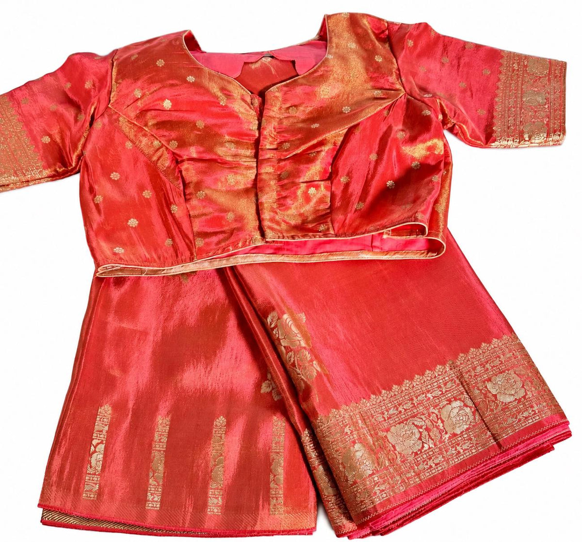 Banarasi Tissue Crape Silk Saree for Party Wear – Rich Zari Border & Stitched Blouse in Orange Shade (USA Delivery) Ready to Wear