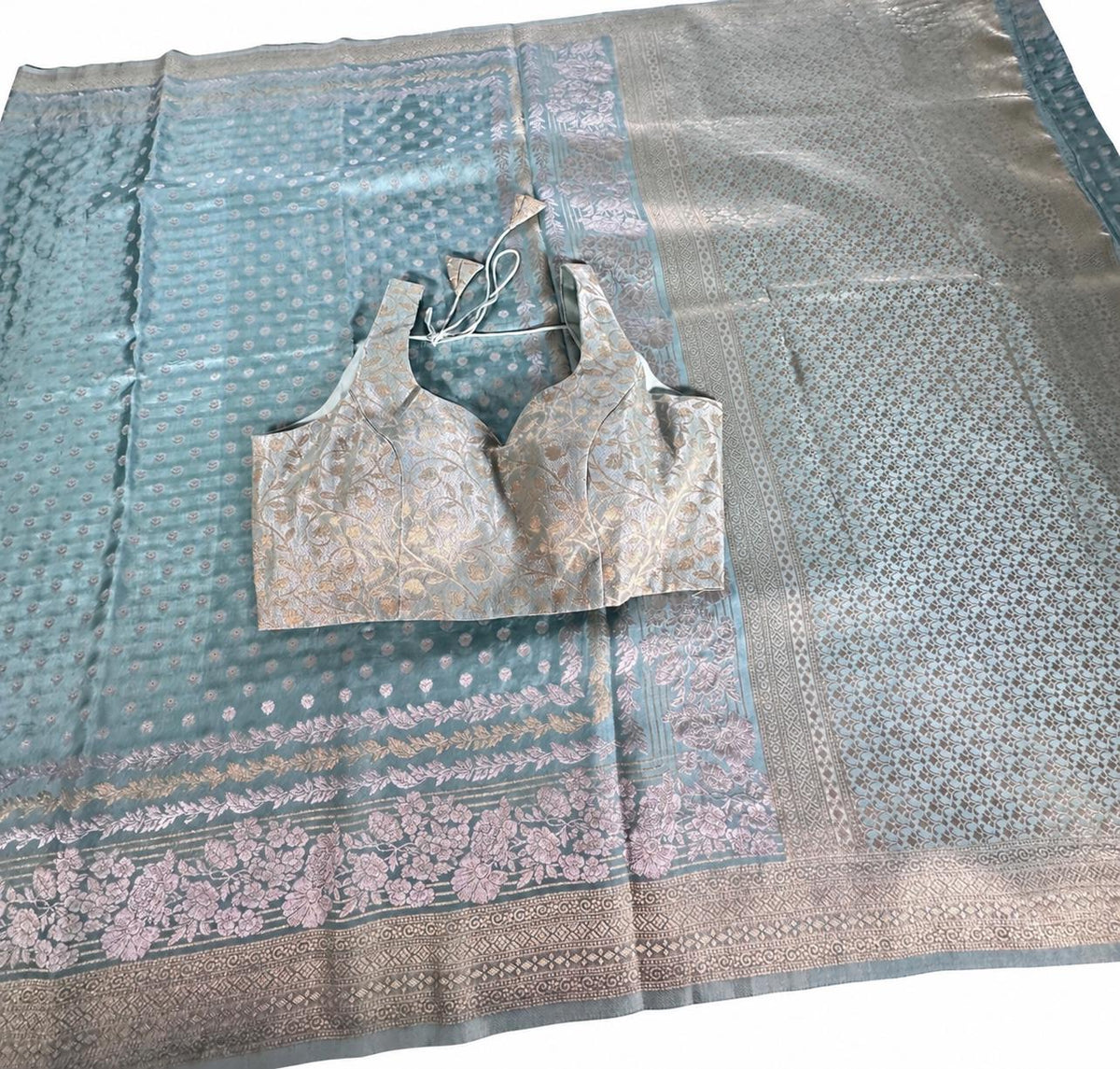 Banarasi Moonga Silk Saree with stitched blouse | Sleeveless Blouse with Sleeves included for stitching | USA shipping