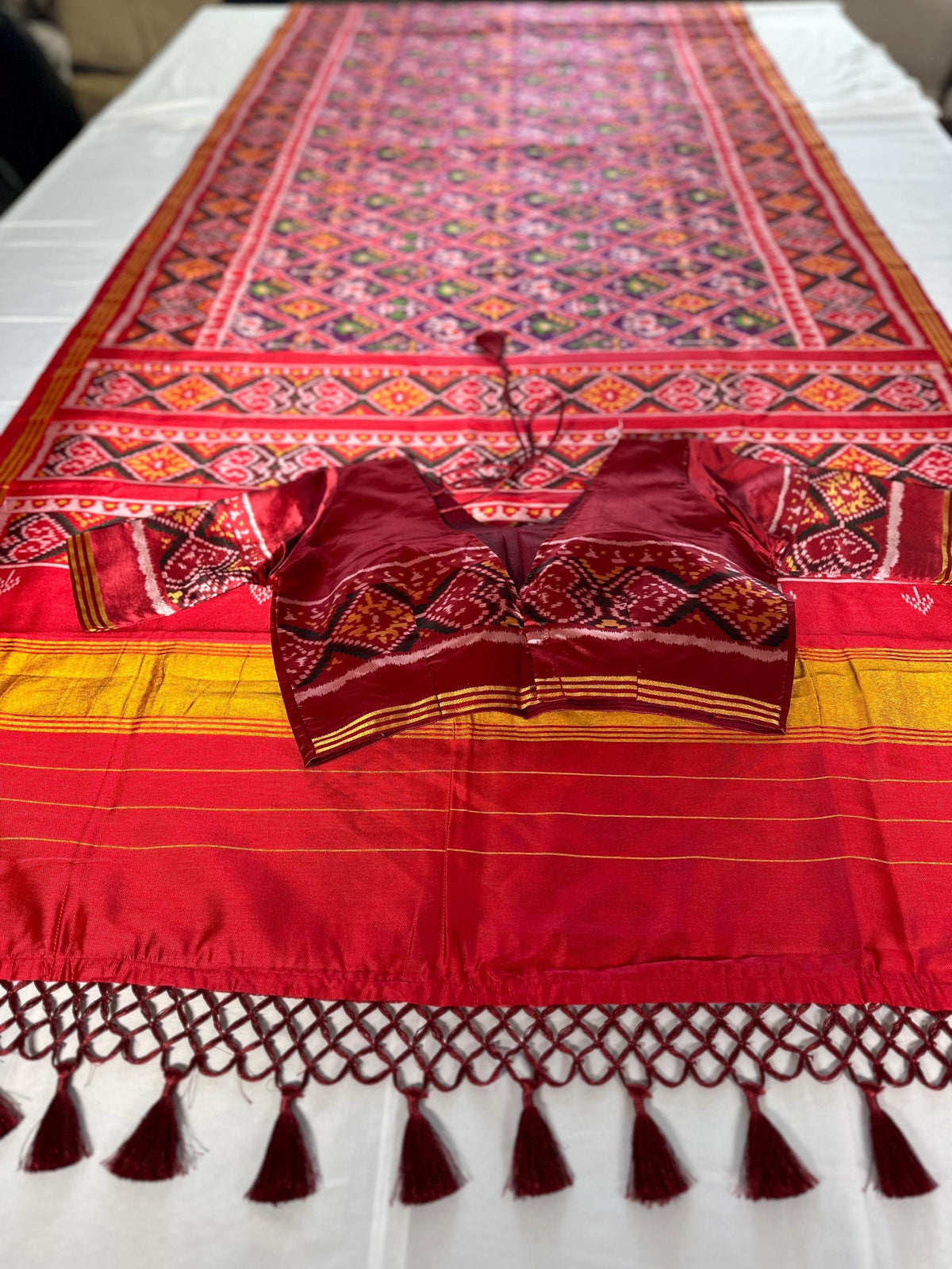 Patan Patola Semi Silk / Art Silk Saree with Stitched Blouse  | Ready to wear