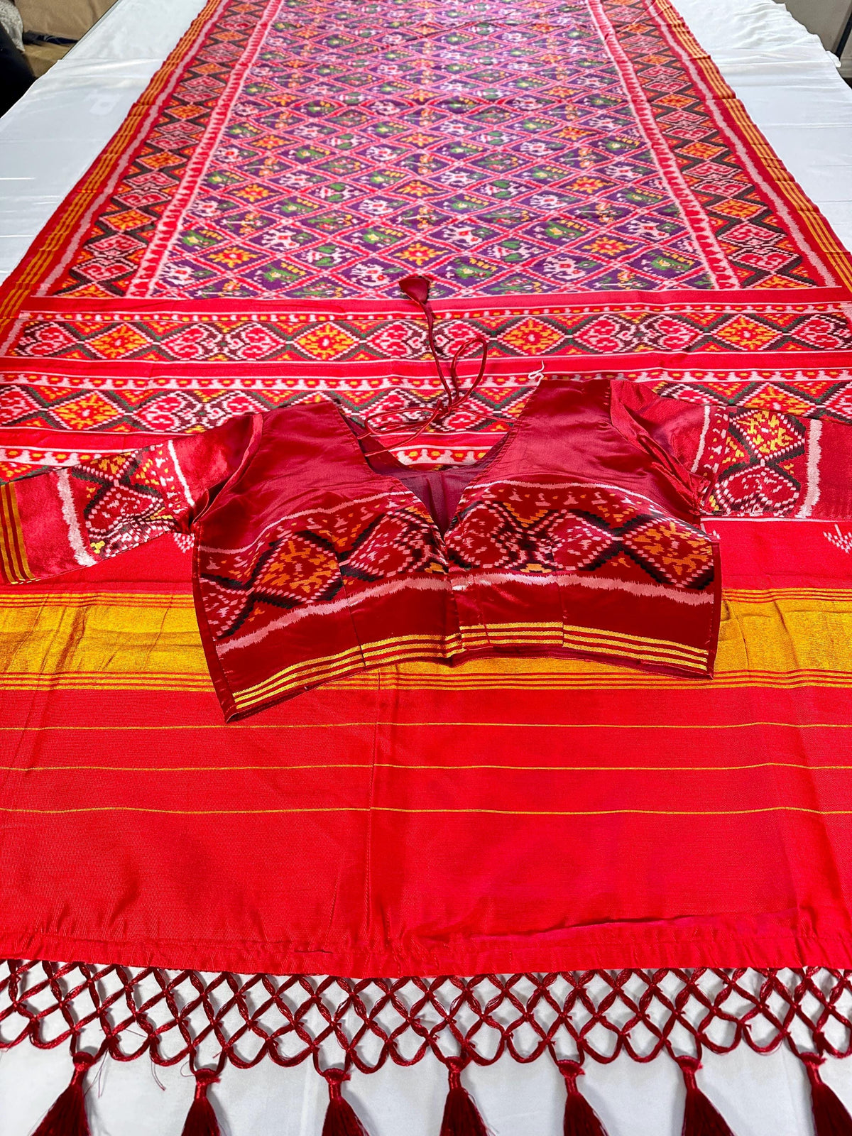Patan Patola Semi Silk / Art Silk Saree with Stitched Blouse  | Ready to wear