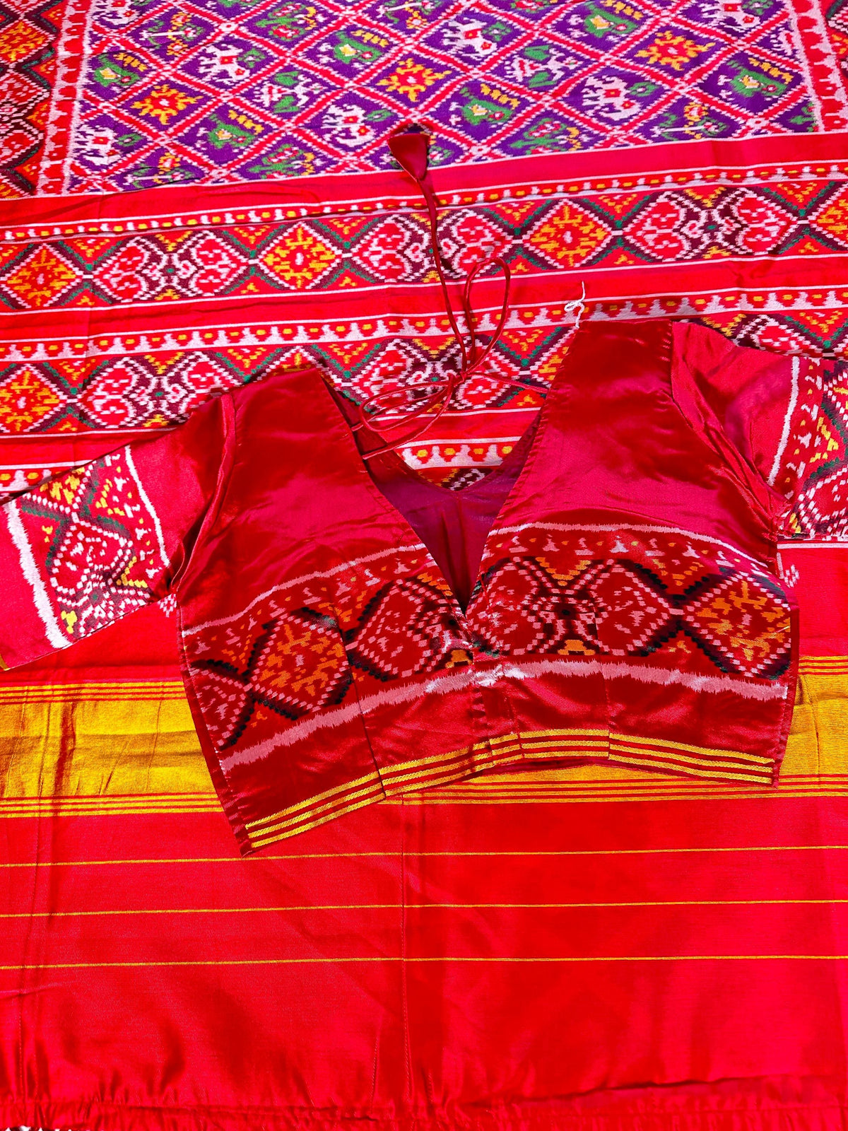 Patan Patola Semi Silk / Art Silk Saree with Stitched Blouse  | Ready to wear