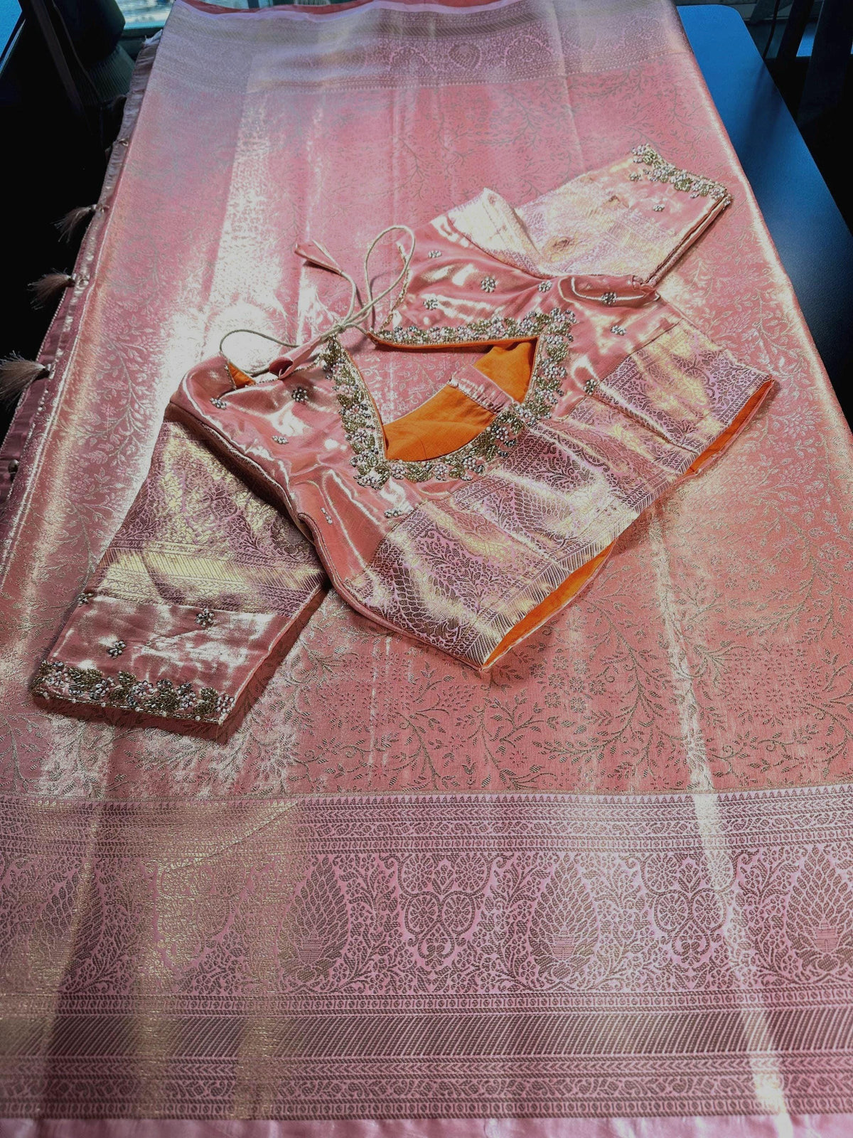 Kanjivaram Tissue Semi Silk Saree with Stitched Heavy Maggam Work Blouse, Wedding Party Wear