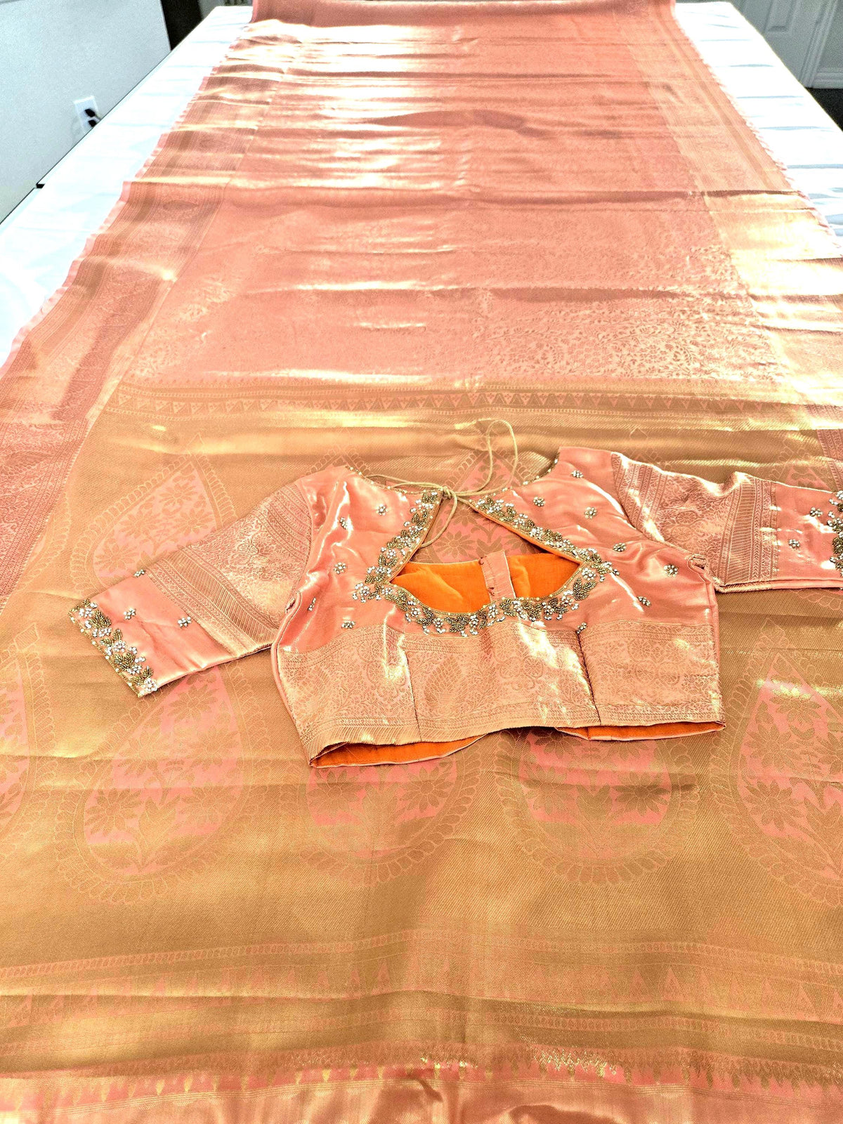 Kanjivaram Tissue Semi Silk Saree with Stitched Heavy Maggam Work Blouse, Wedding Party Wear