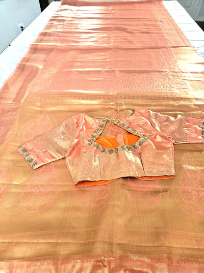 Kanjivaram Tissue Semi Silk Saree with Stitched Heavy Maggam Work Blouse, Wedding Party Wear