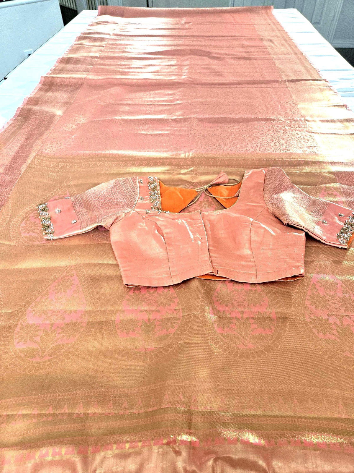 Kanjivaram Tissue Semi Silk Saree with Stitched Heavy Maggam Work Blouse, Wedding Party Wear