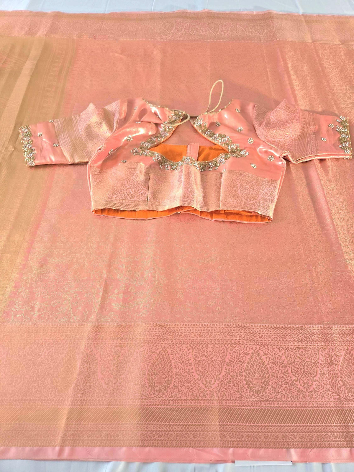 Kanjivaram Tissue Semi Silk Saree with Stitched Heavy Maggam Work Blouse, Wedding Party Wear