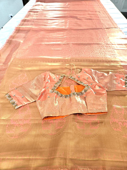 Kanjivaram Tissue Semi Silk Saree with Stitched Heavy Maggam Work Blouse, Wedding Party Wear