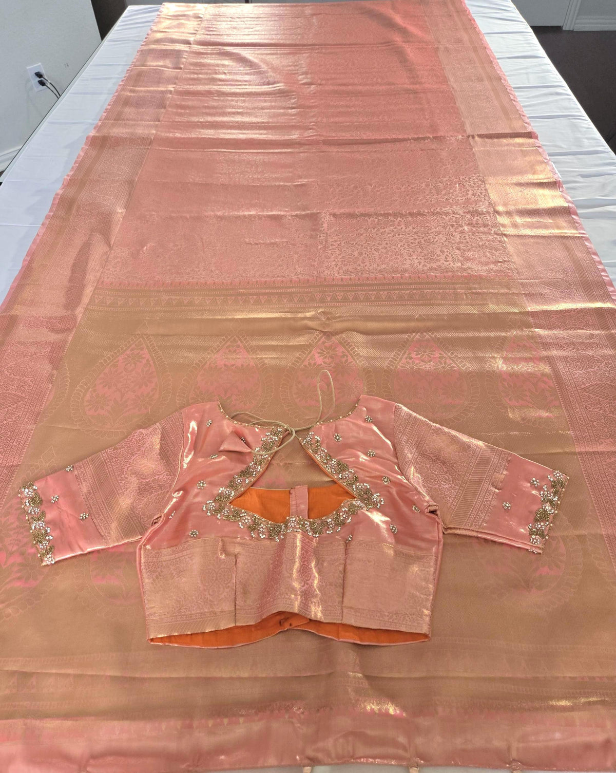 Kanjivaram Tissue Semi Silk Saree with Stitched Heavy Maggam Work Blouse, Wedding Party Wear