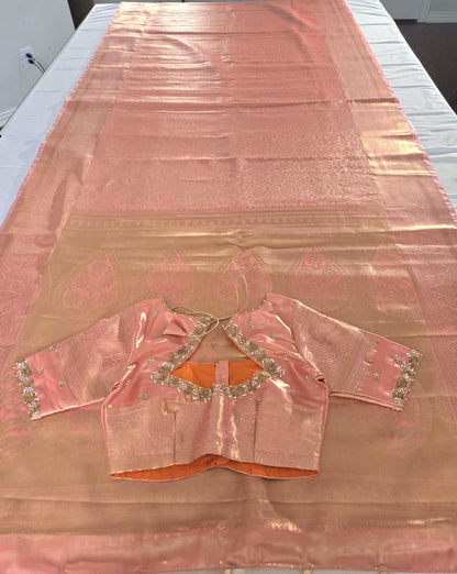 Kanjivaram Tissue Semi Silk Saree with Stitched Heavy Maggam Work Blouse, Wedding Party Wear